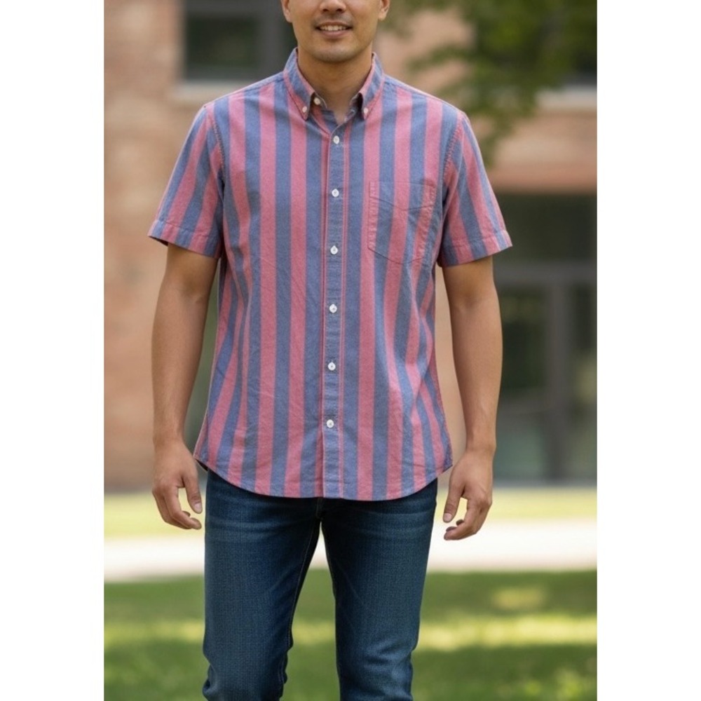 Ben Sherman Mens Red Blue Striped Short Sleeve Button Down Mod Fit Shirt Mediim